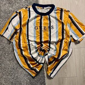 Vtg Guess Striped T-Shirt Mens L Blue Yellow Embroidered Spellout Retro Casual
